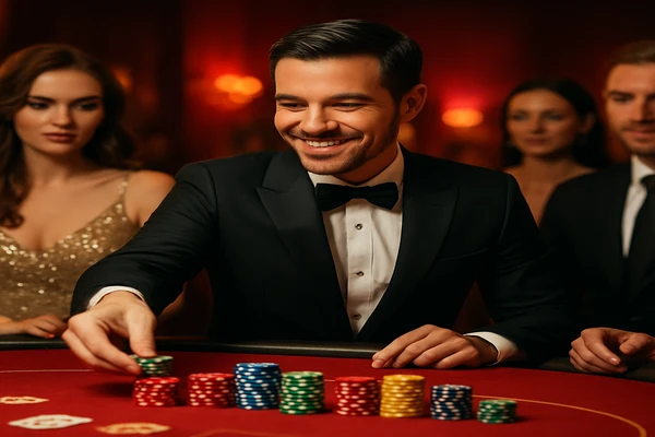 আলোকময় গেমিং পরিবেশে একটি আত্মবিশ্বাসী ডিলার 444bd অ্যাকাউন্টে নিরাপদ প্রবেশের জন্য ব্যবহারকারীকে আহ্বান জানাচ্ছেন।